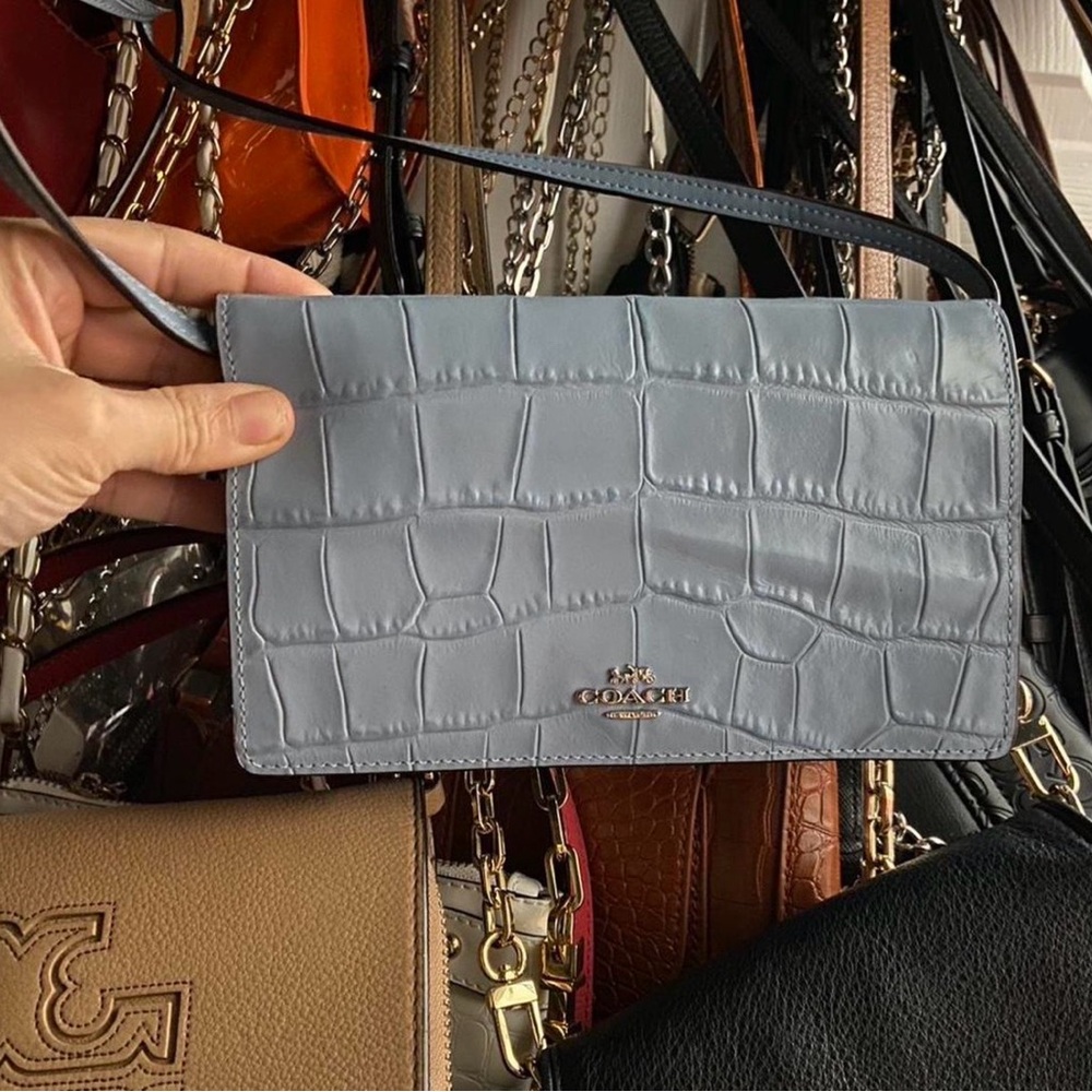 Coach Hayden Foldover Crossbody Clutch in a blue crocodile-embossed